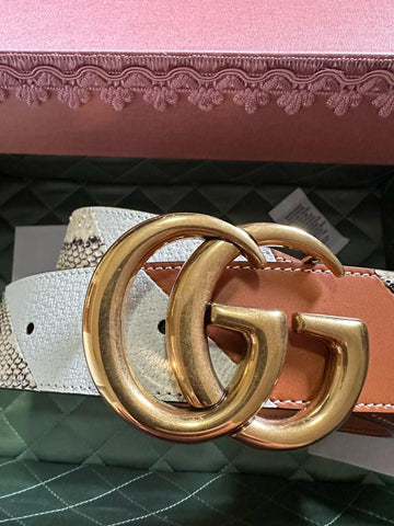 New $1980 Gucci Ostrich Leather/Python GG Marmont Belt Brown/Beige/White 90/36