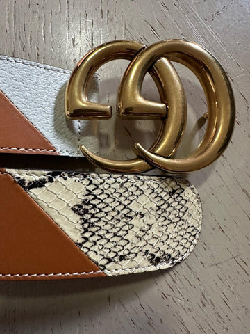 New $1980 Gucci Ostrich Leather/Python GG Marmont Belt Brown/Beige/White 90/36