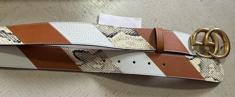 New $1980 Gucci Ostrich Leather/Python GG Marmont Belt Brown/Beige/White 90/36