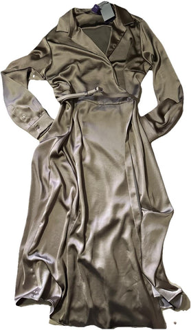 New $2690 Ralph Lauren Purple Label Washed Charmeuse Shirtdress TRUFFLE Size 10