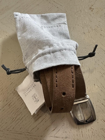 New Brunello Cucinelli Men Suede Buckle Silver Belt Brown 100/40 Italy