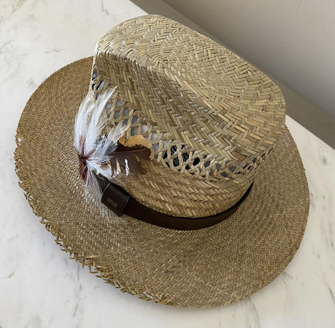 NWT $895 Saint Laurent Straw Cowboy Hat With Leather and Feathers Brown M