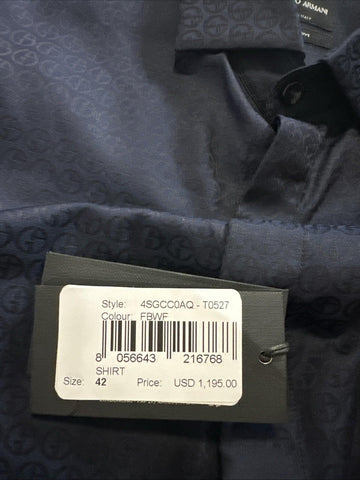 Giorgio Armani Men Logo Print Dress Shirt Navy Size 42/16.5 New $1195 Italy