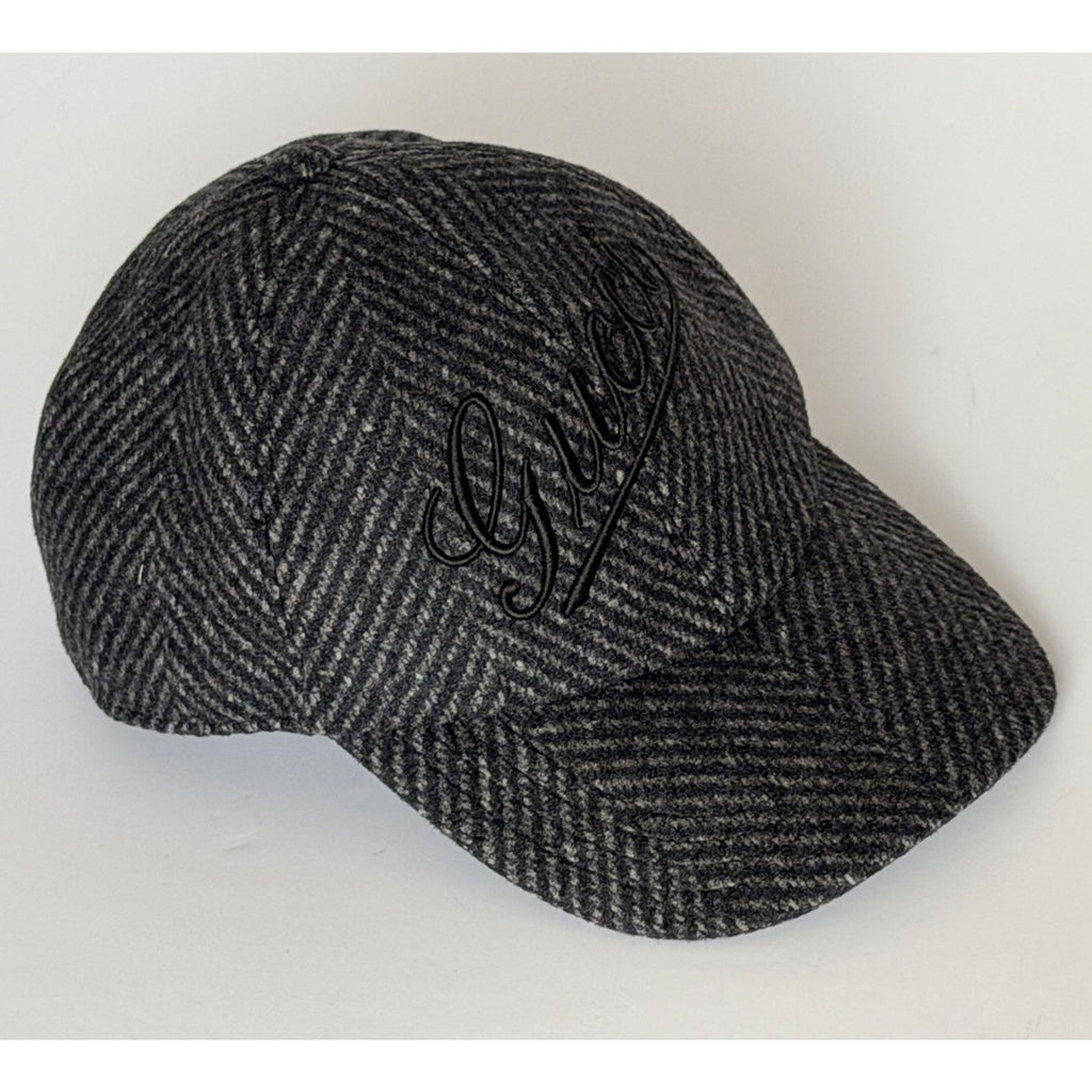 Gucci Herringbone Wool/Silk Baseball Hat Charcoal Logo Cap Size Large 817497 NWT