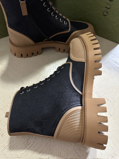 NIB Gucci Men GG Logo Canvas/Leather Boots Shoes Black/Beige 12 US/11 UK 699970