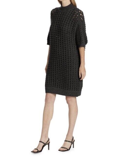 New $5395 Brunello Cucinelli Cashmere Cable Knit Sweater Dress Charcoal Size S