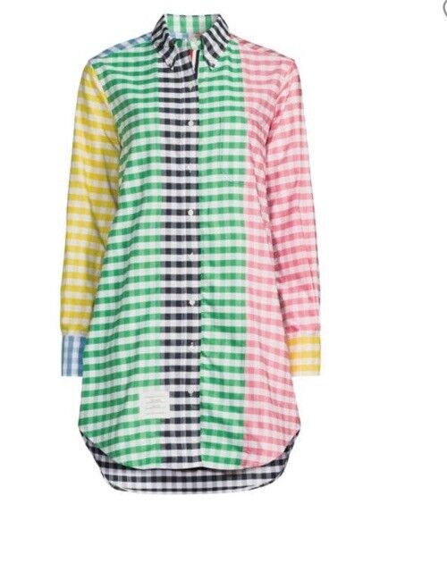New $800 Thom Browne Colorblock Check Mini Shirtdress Green/Multi Size 42/6 Ita