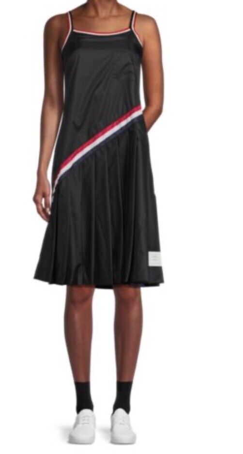New $1200 Thom Browne Pleated Skirting A-line Dress Black Size 46/10 Italy