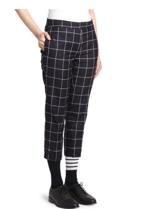 New $1190 Thom Brown Women Wool Windowpane Cropped Pants Navy/White 48/12 Italy
