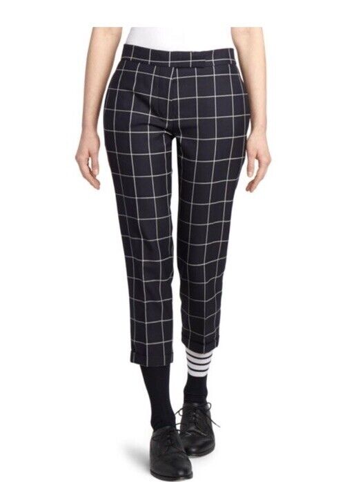 New $1190 Thom Brown Women Wool Windowpane Cropped Pants Navy/White 48/12 Italy