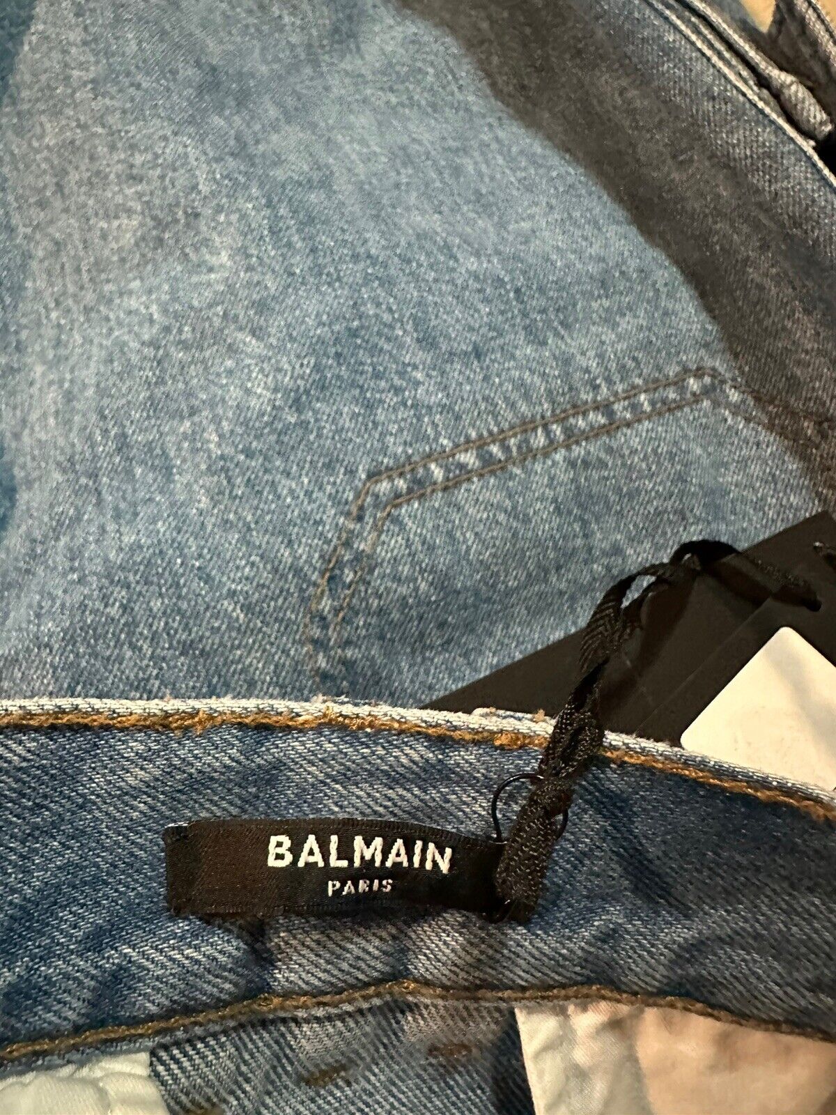 NWT $1395 Balmain Cargo Strapped Denim Shorts Pants Blue 32 US