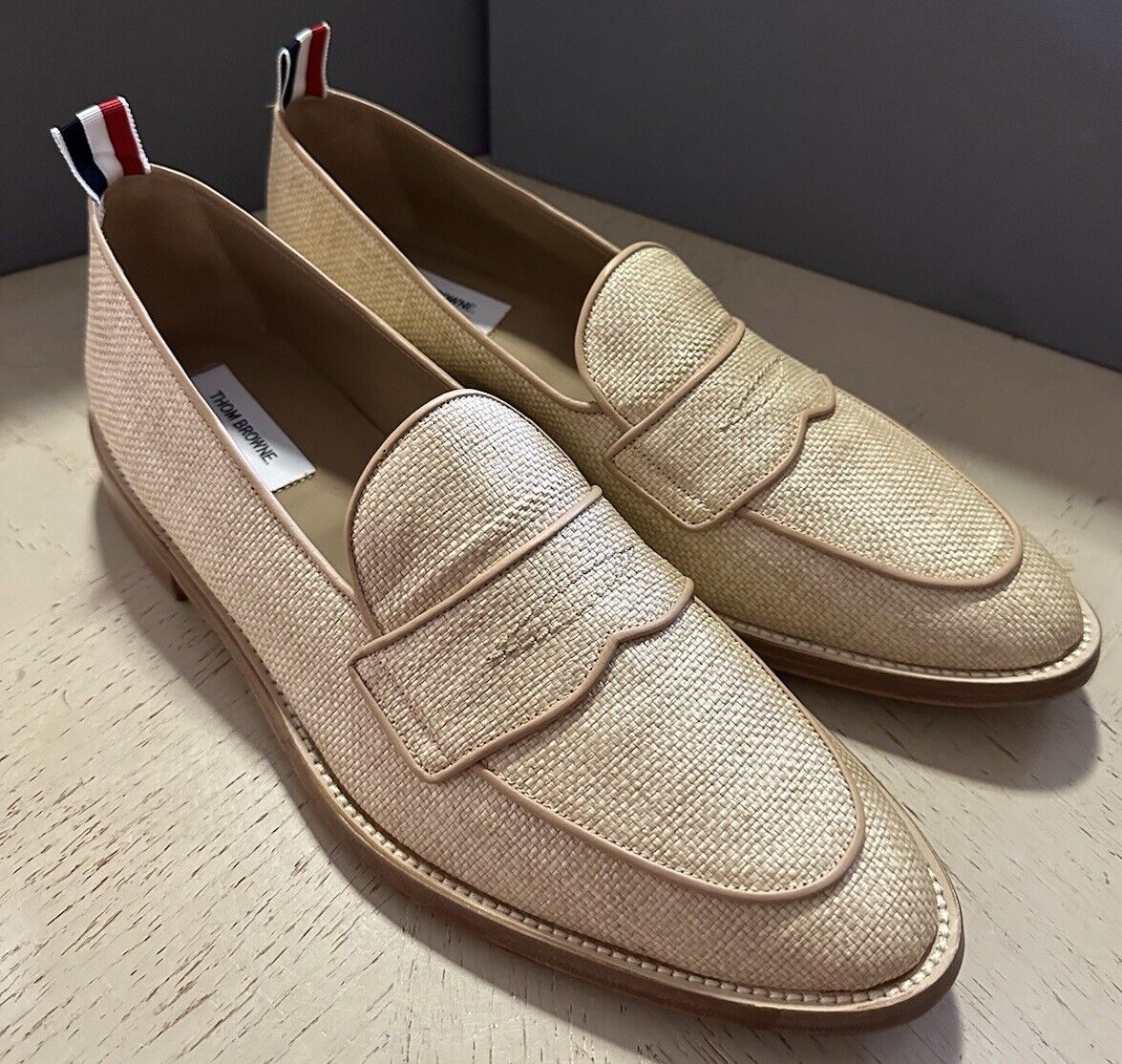 NIB $850 Thom Browne Men Textured Penny Loafers Shoes Natural 10 US/43 EU Italy