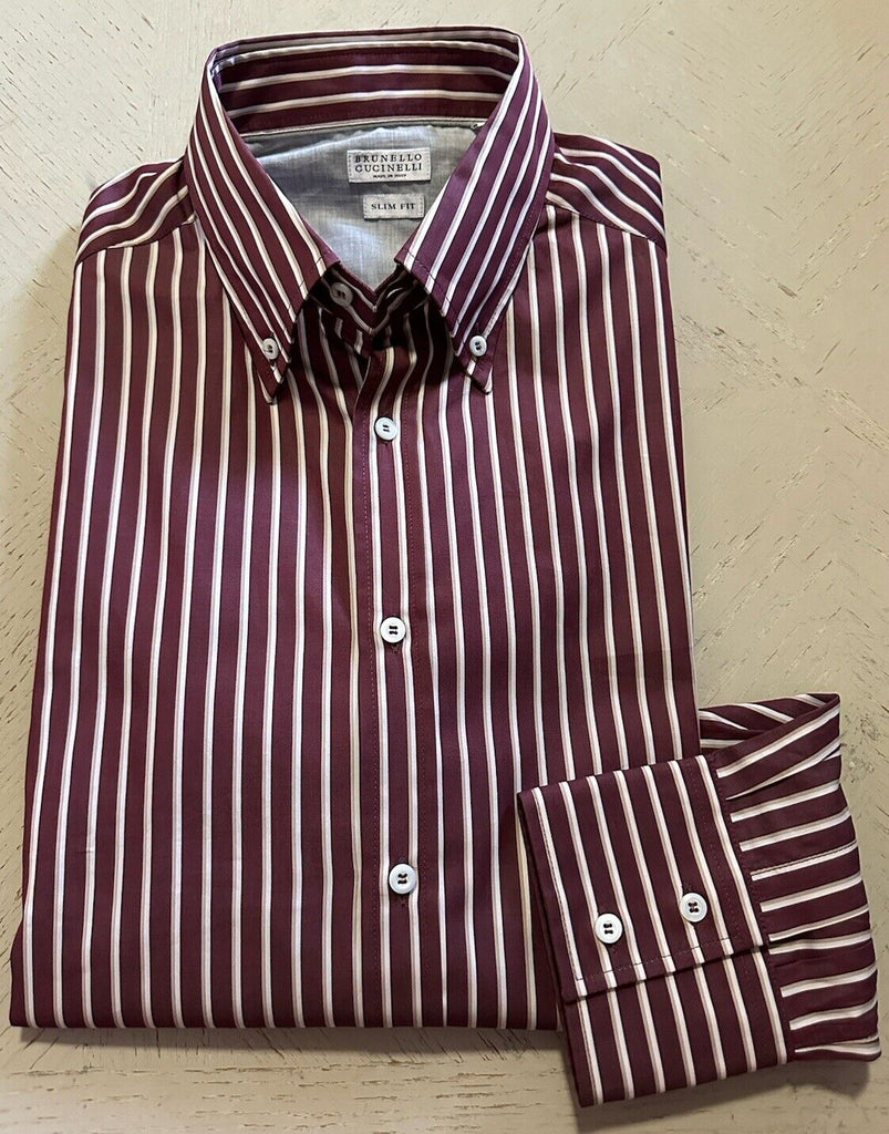 Brunello Cucinelli Men Slim Fit Striped Oxford Shirt Burgundy/White L New $745
