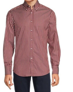Brunello Cucinelli Men Slim Fit Striped Oxford Shirt Burgundy/White L New $745