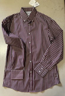Brunello Cucinelli Men Slim Fit Striped Oxford Shirt Burgundy/White L New $745