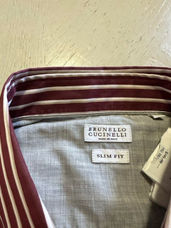 Brunello Cucinelli Men Slim Fit Striped Oxford Shirt Burgundy/White L New $745