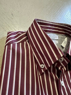 Brunello Cucinelli Men Slim Fit Striped Oxford Shirt Burgundy/White L New $745
