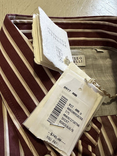 Brunello Cucinelli Men Slim Fit Striped Oxford Shirt Burgundy/White L New $745