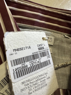 Brunello Cucinelli Men Slim Fit Striped Oxford Shirt Burgundy/White L New $745