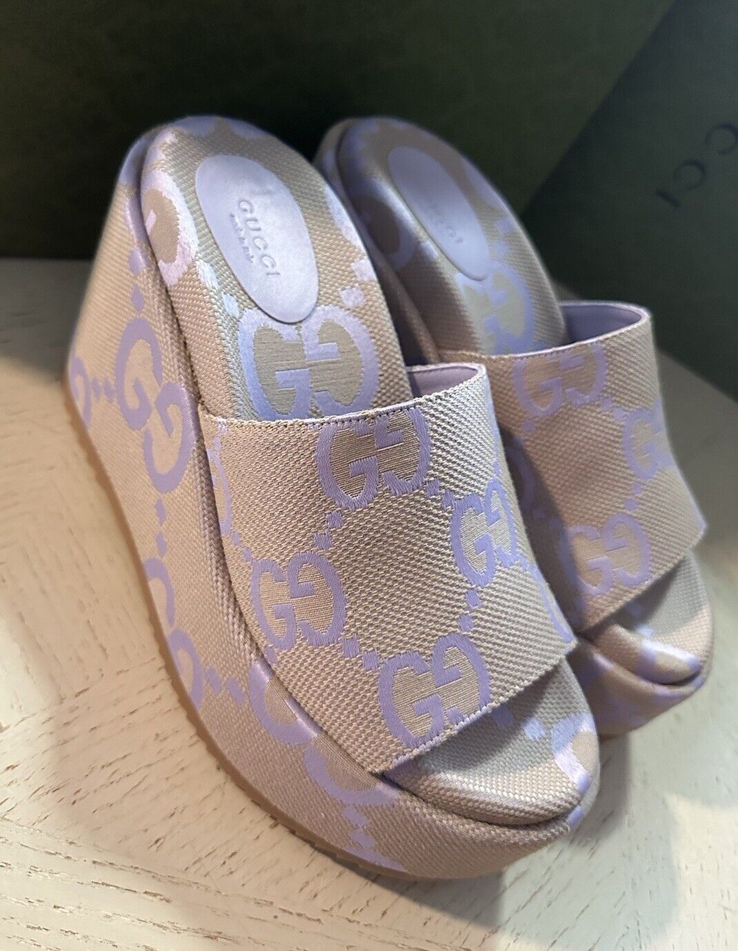 Gucci Women’s GG Sandal Shoes Beige/lapis 9.5 US ( 39.5 Eu ) 730047 New