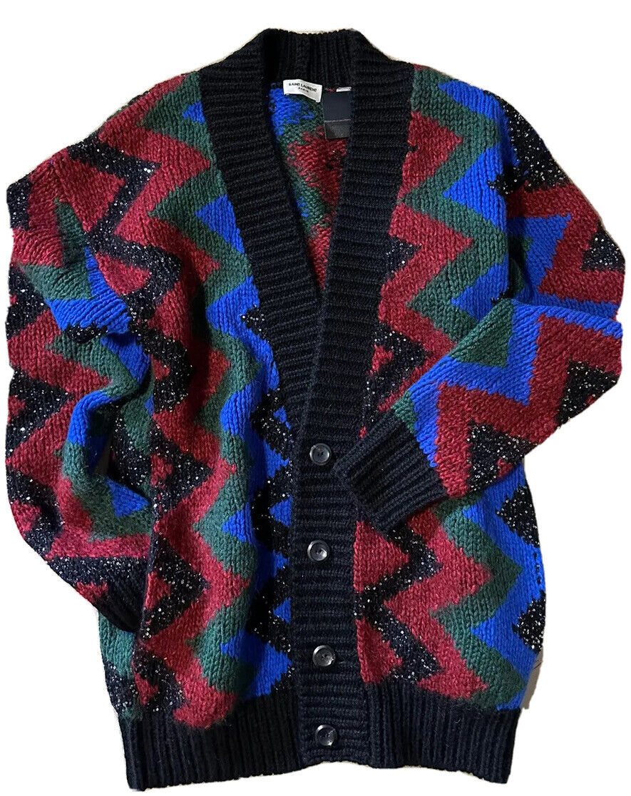 Saint Laurent Men cardigan in zig zag jacquard Black/Red/Multi S New $1550