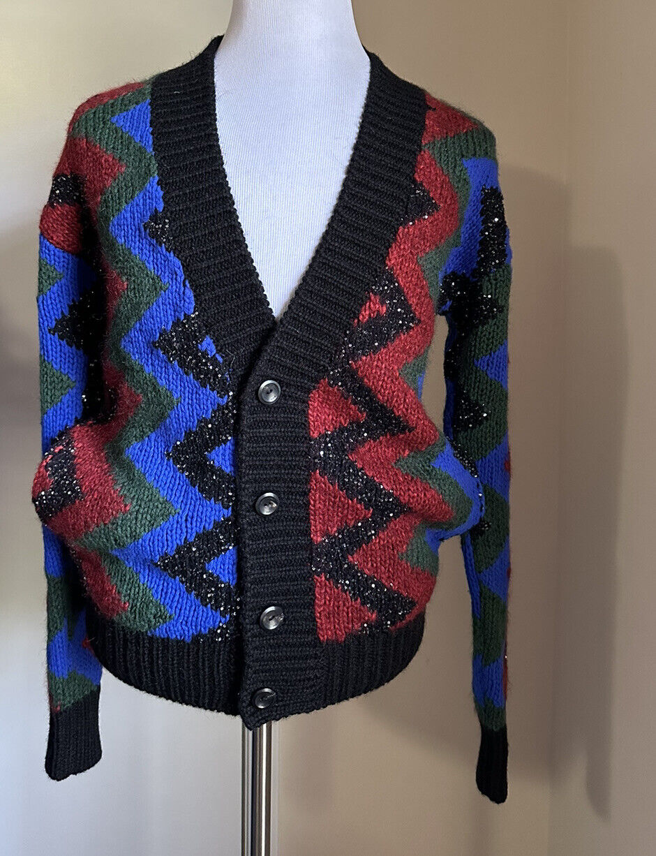 Saint Laurent Men cardigan in zig zag jacquard Black/Red/Multi S New $1550