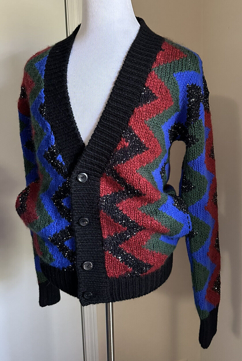 Saint Laurent Men cardigan in zig zag jacquard Black/Red/Multi S New $1550