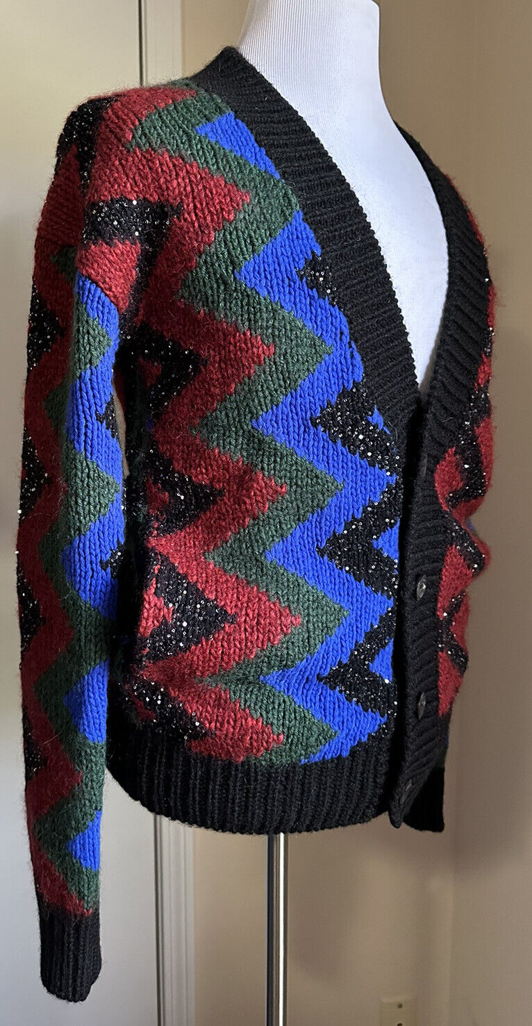 Saint Laurent Men cardigan in zig zag jacquard Black/Red/Multi S New $1550