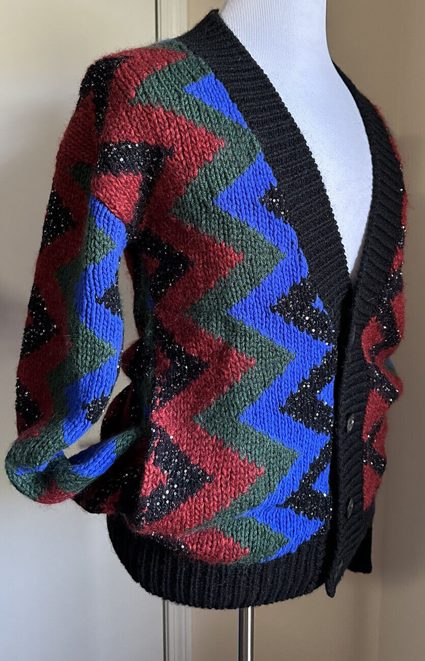 Saint Laurent Men cardigan in zig zag jacquard Black/Red/Multi S New $1550