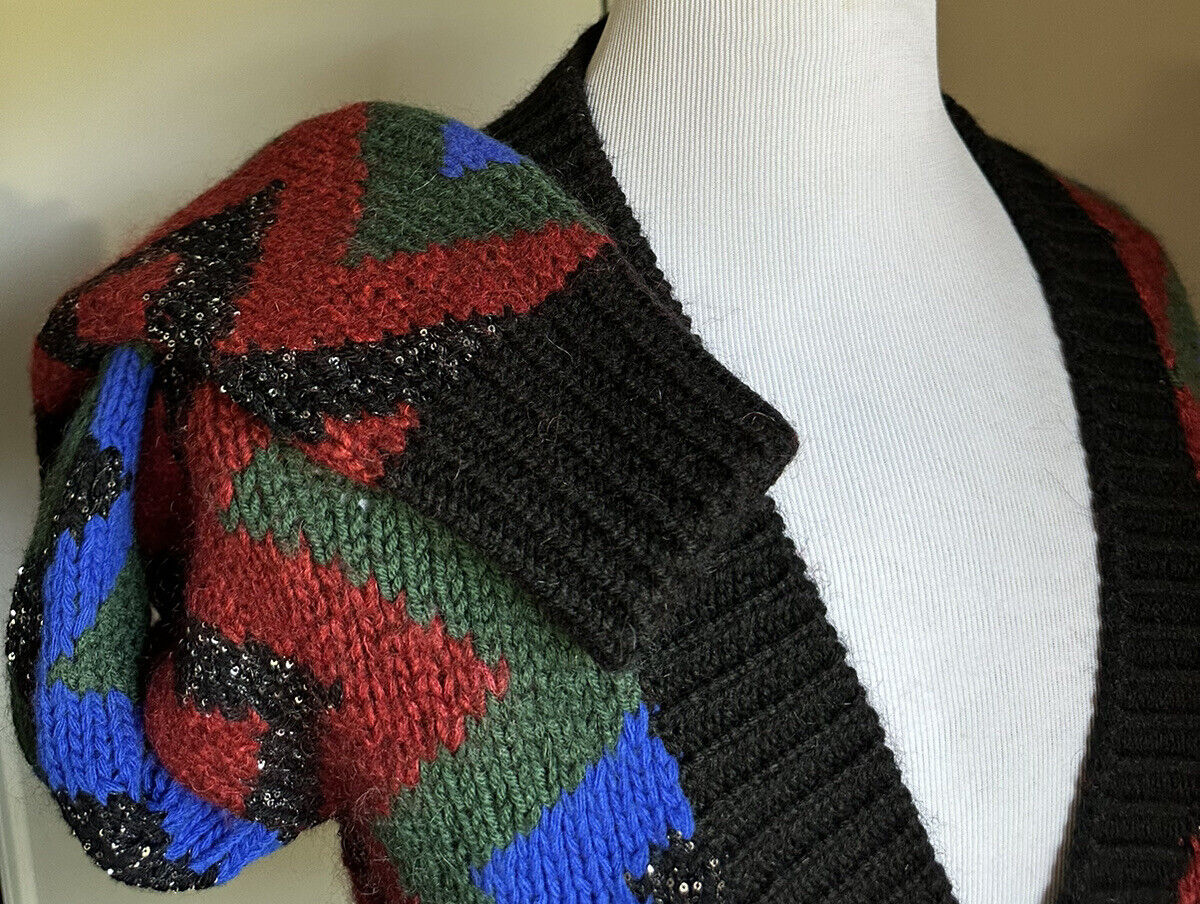 Saint Laurent Men cardigan in zig zag jacquard Black/Red/Multi S New $1550