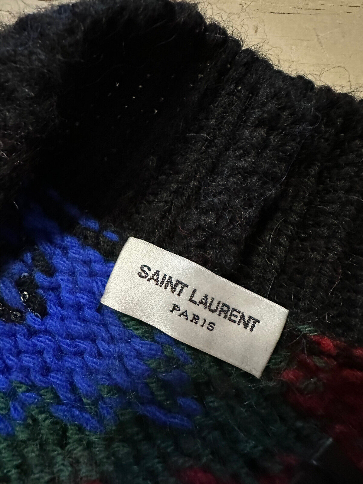 Saint Laurent Men cardigan in zig zag jacquard Black/Red/Multi S New $1550