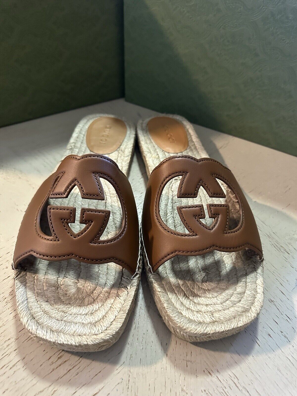 Gucci Men Leather GG Espadrille Sandal Shoes Brown 14 US/13 UK 725260 New
