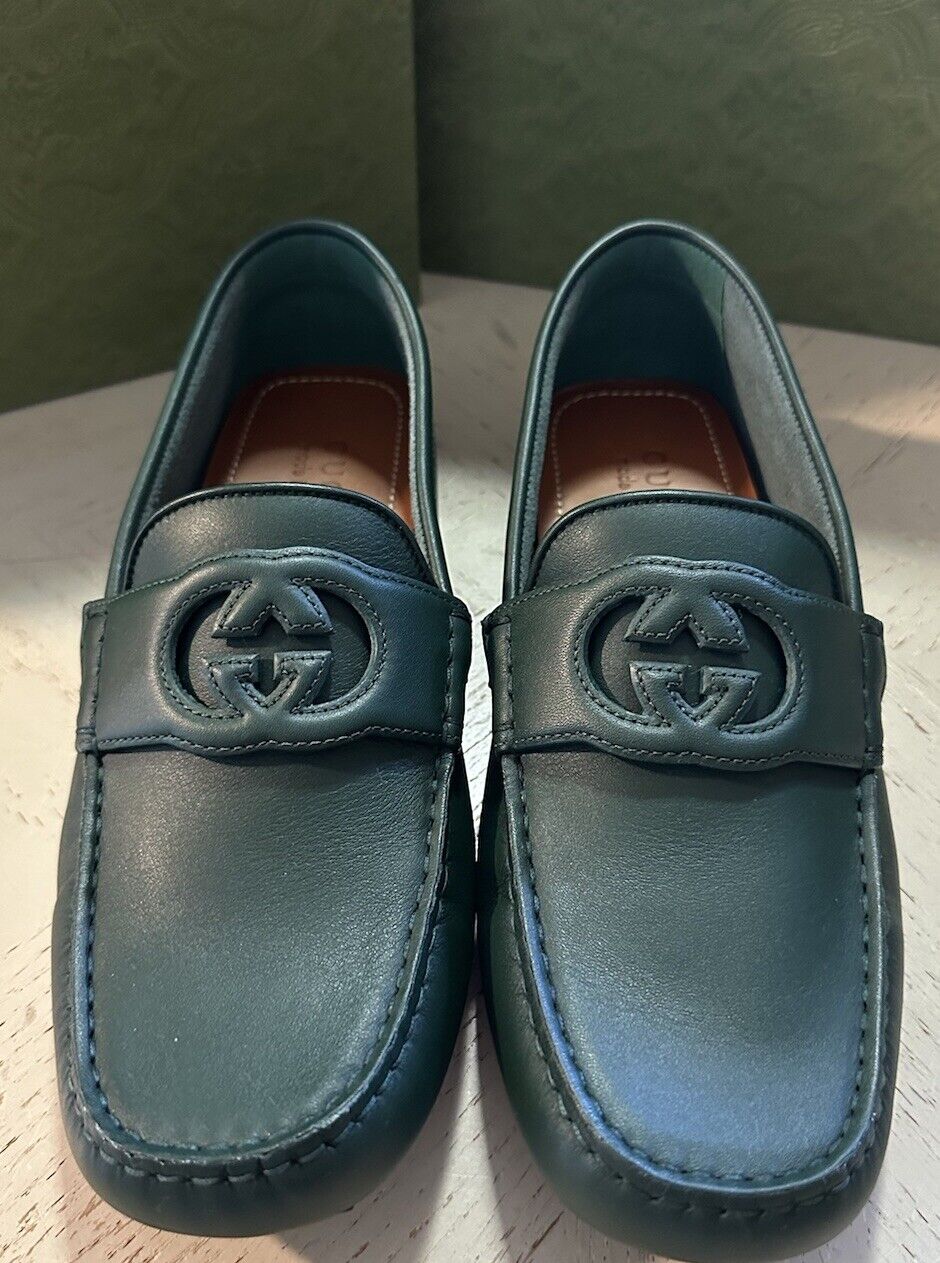 Gucci Men Leather GG Driver Loafers Shoes Green 8.5 US/7.5 UK 730148 New
