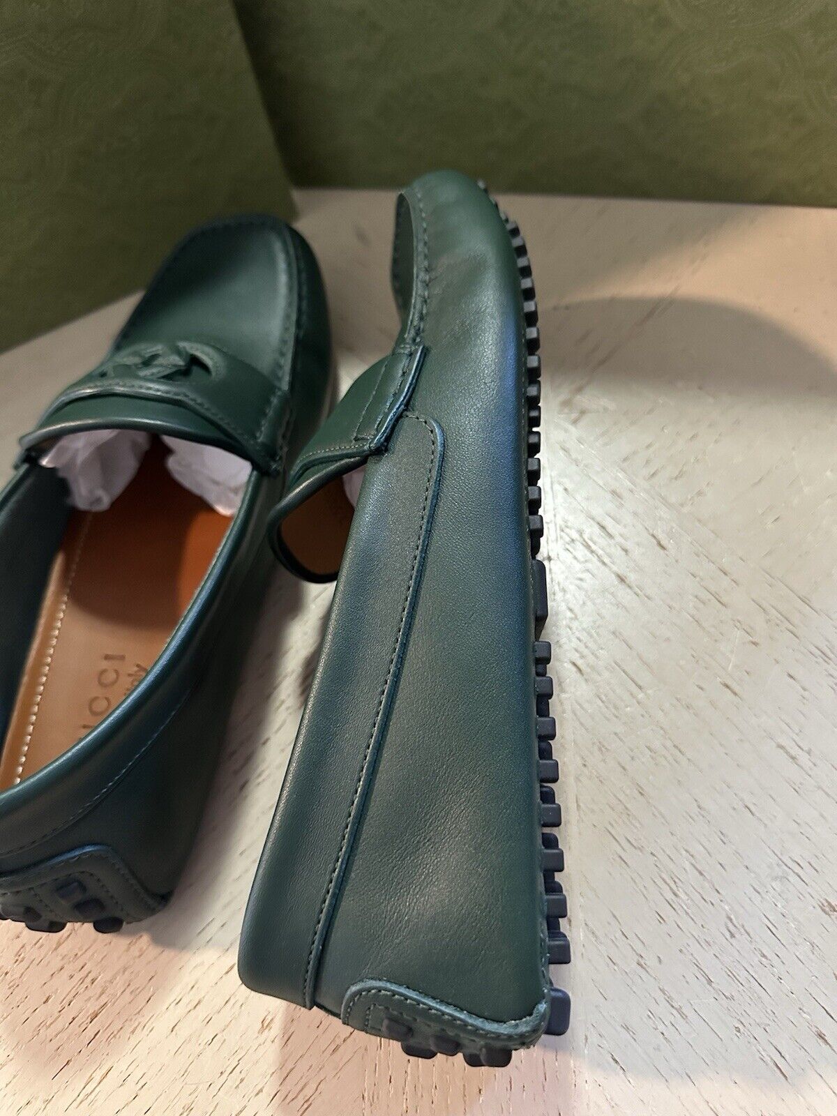 Gucci Men Leather GG Driver Loafers Shoes Green 8.5 US/7.5 UK 730148 New