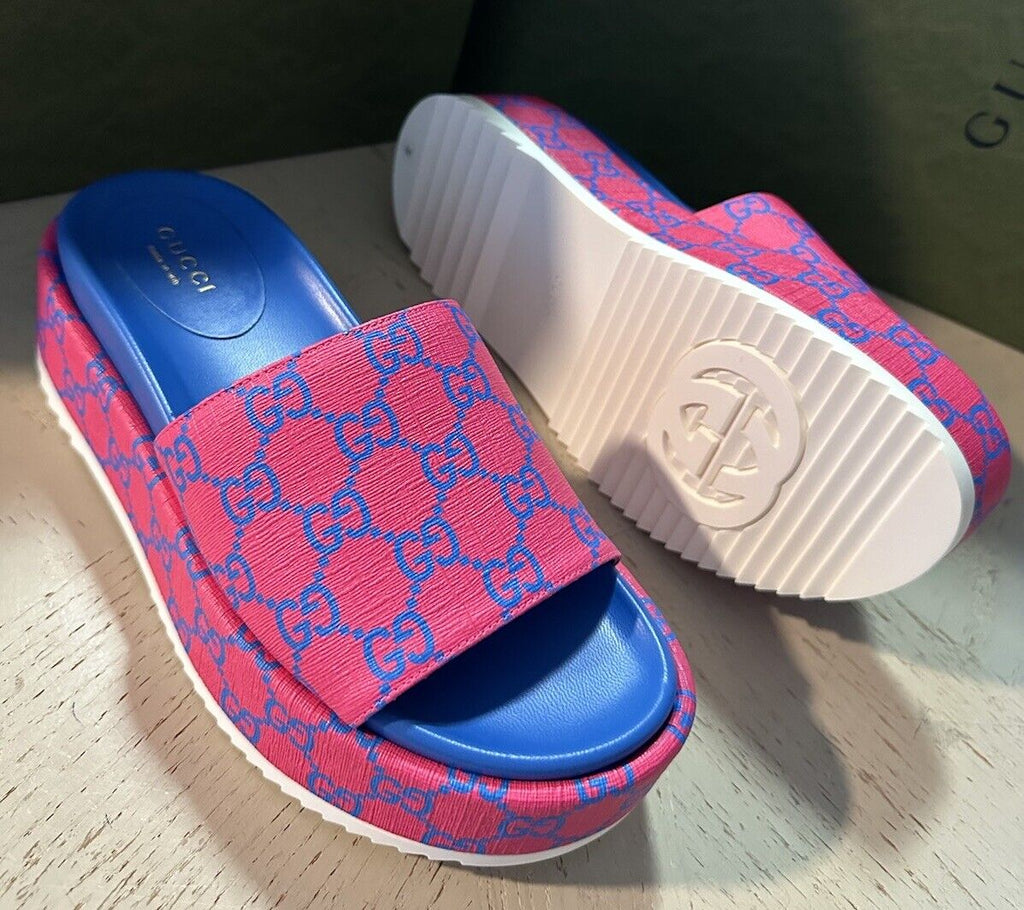 Gucci Women GG Supreme Joy Sandal Shoes Fuxia-Blue 6 US ( 36 Eu ) 734913 New