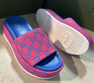 Gucci Women GG Supreme Joy Sandal Shoes Fuxia-Blue 6 US ( 36 Eu ) 734913 New