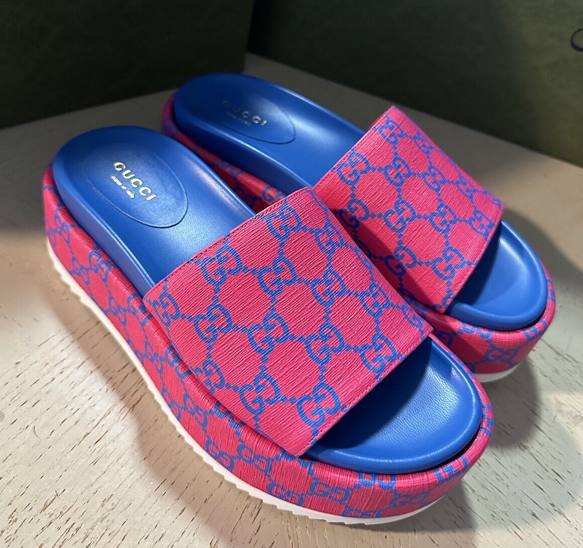 Gucci Women GG Supreme Joy Sandal Shoes Fuxia-Blue 6 US ( 36 Eu ) 734913 New