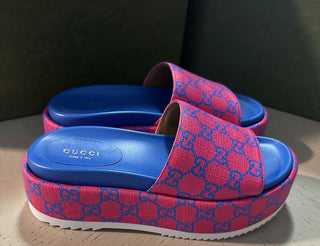 Gucci Women GG Supreme Joy Sandal Shoes Fuxia-Blue 6 US ( 36 Eu ) 734913 New