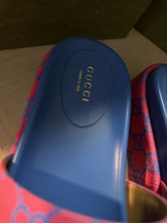 Gucci Women GG Supreme Joy Sandal Shoes Fuxia-Blue 6 US ( 36 Eu ) 734913 New