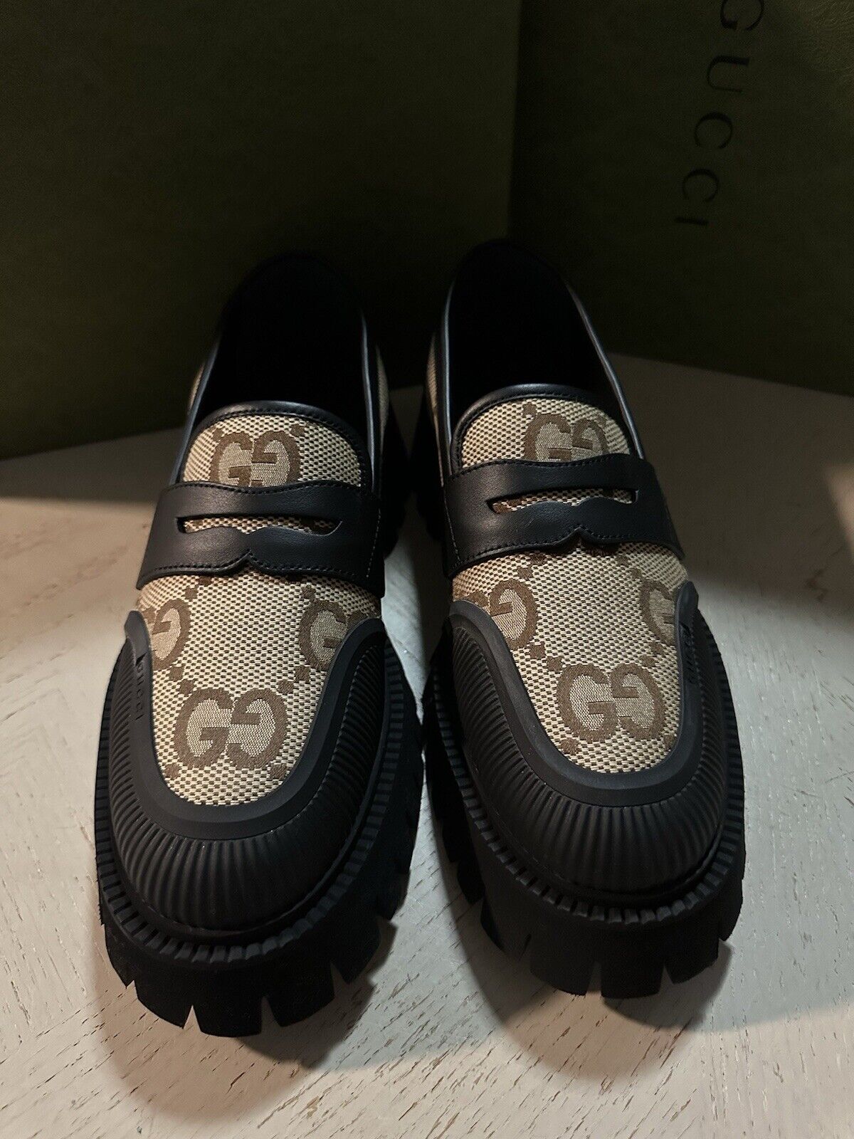Gucci Mens GG Logo light weight Loafers Shoes Black/Camel 10 US/9 UK 739776 New