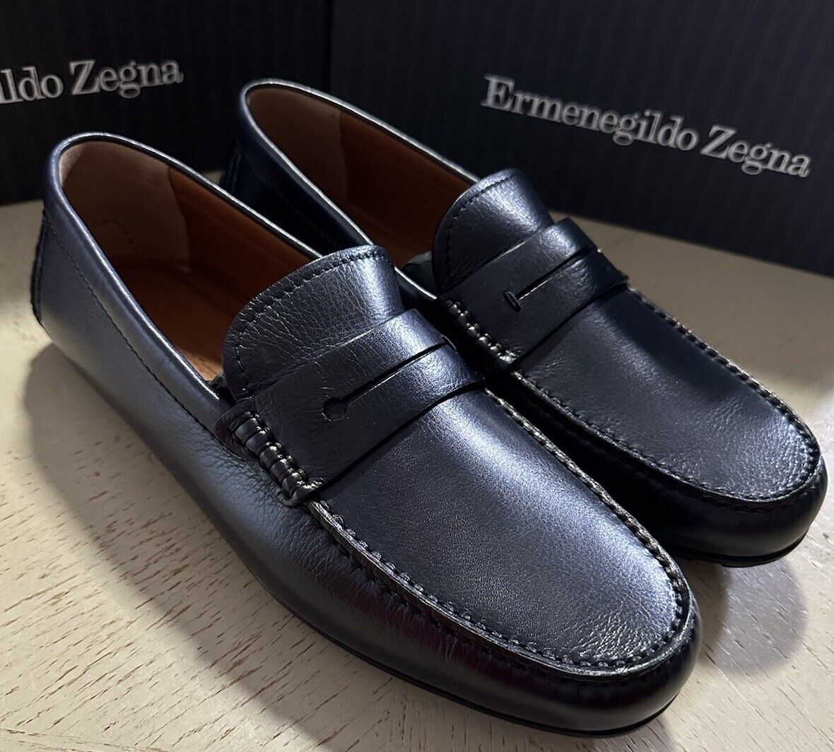 New $660 Ermenegildo Zegna Leather Driver Loafers Shoes Navy/Blue 10.5 US