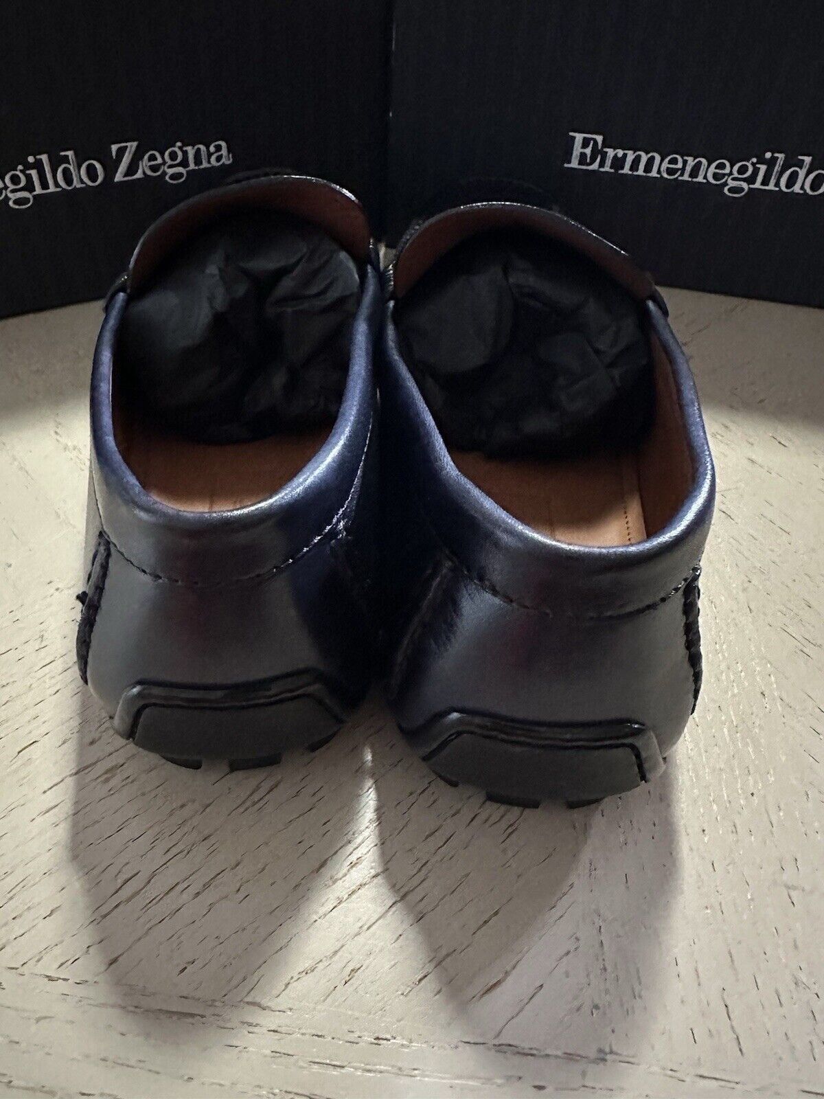 New $660 Ermenegildo Zegna Leather Driver Loafers Shoes Navy/Blue 10.5 US