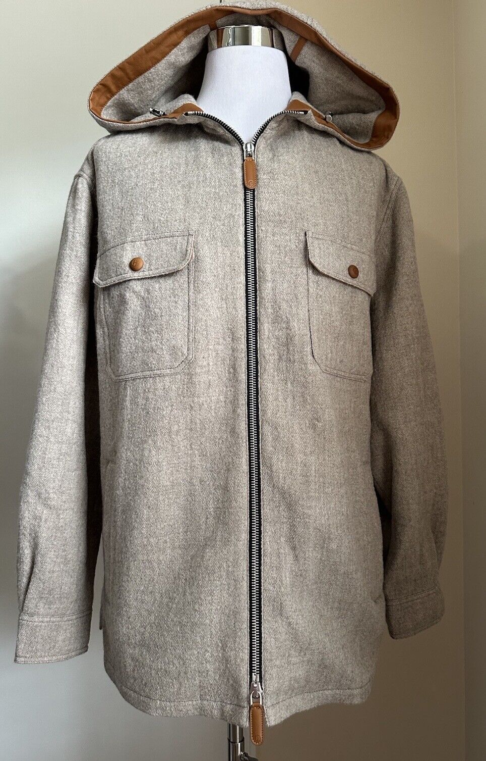 NWT $3995 Giorgio Armani Men Wool/Leather Zip Front Coat Gray 48 US/58 Eu Italy