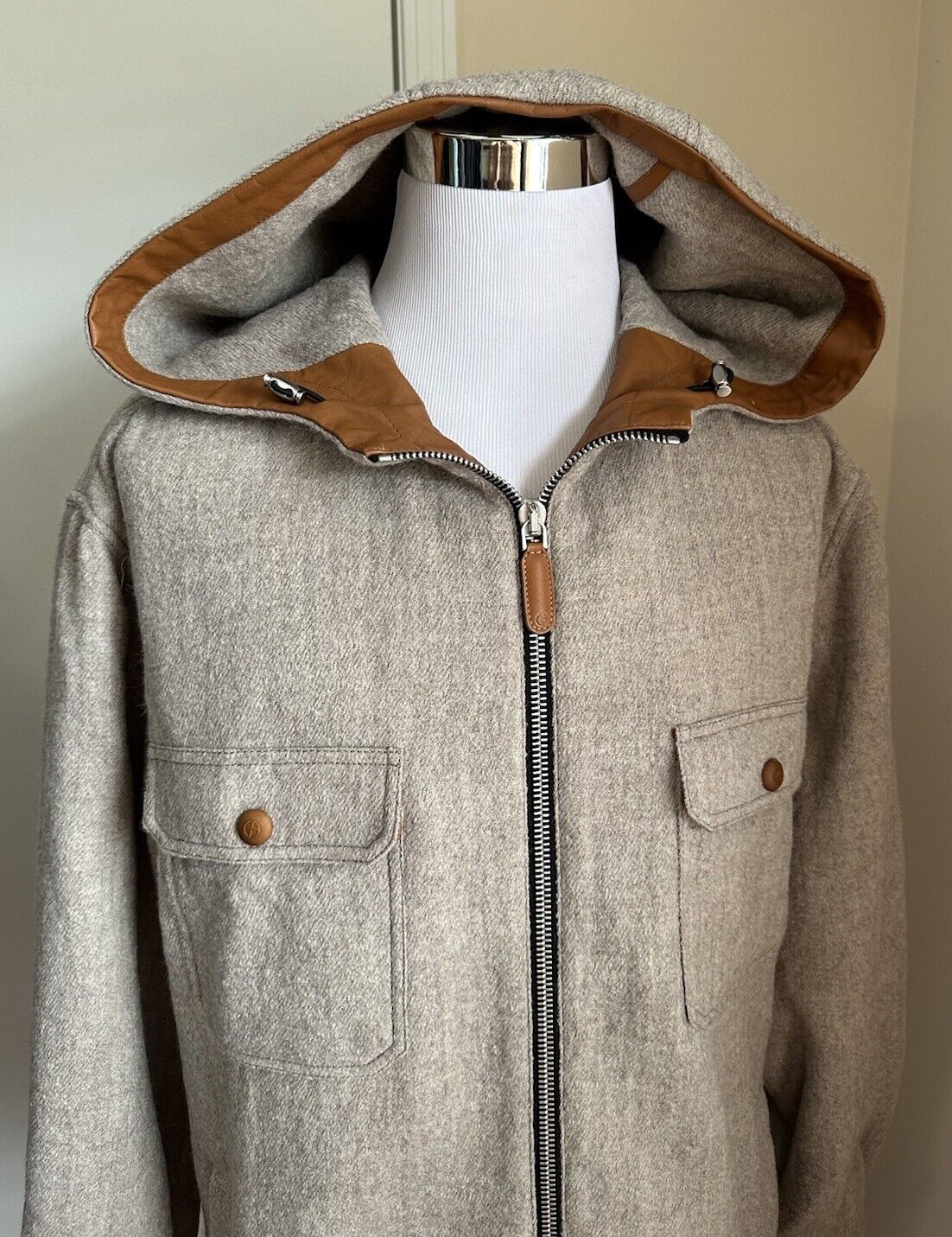 NWT $3995 Giorgio Armani Men Wool/Leather Zip Front Coat Gray 48 US/58 Eu Italy