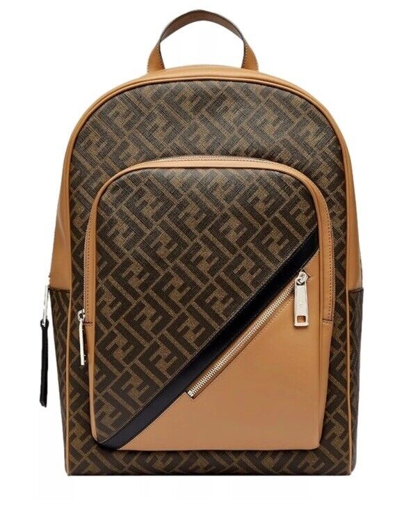 Fendi FF Logo Leather Canvas Backpack Beige/Brown Italy New $2550 7VZ074