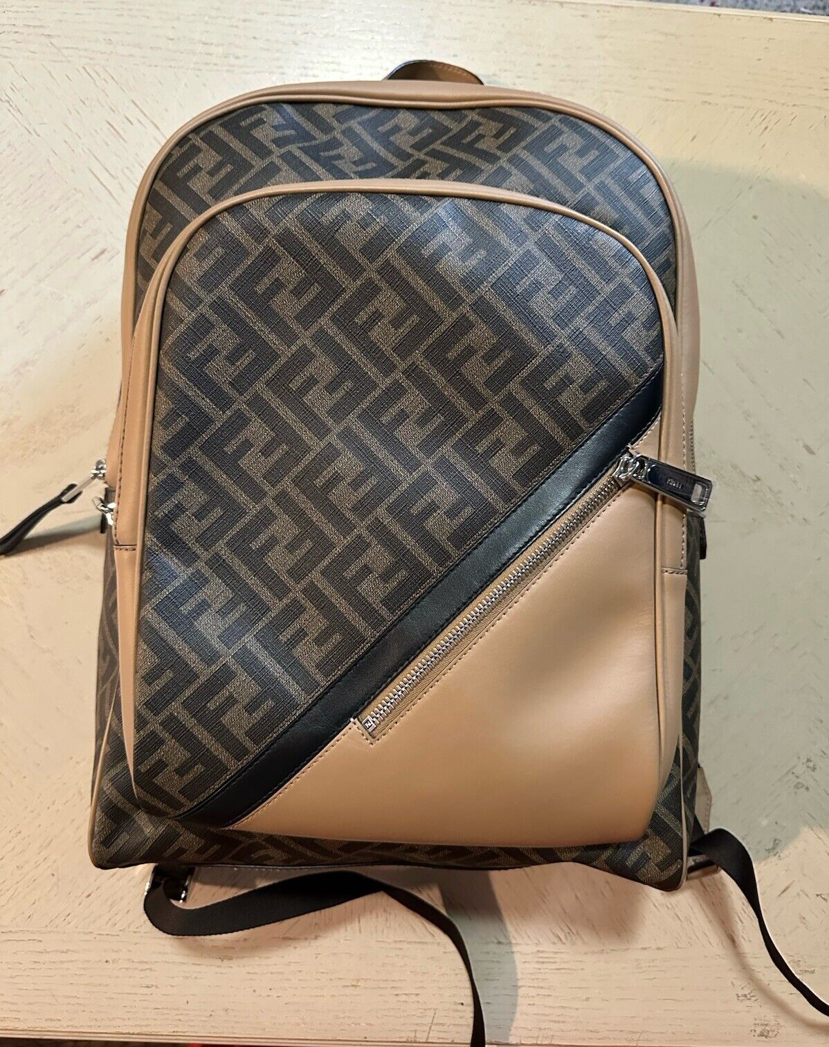 Fendi FF Logo Leather Canvas Backpack Beige/Brown Italy New $2550 7VZ074