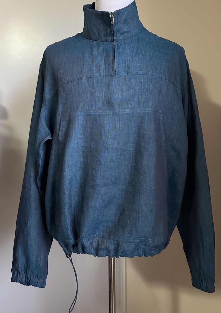 Giorgio Armani Men Zip Neck Linen Shirt Blue Size L Italy NWT $1695