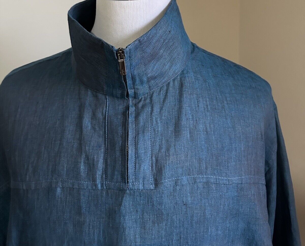 Giorgio Armani Men Zip Neck Linen Shirt Blue Size L Italy NWT $1695