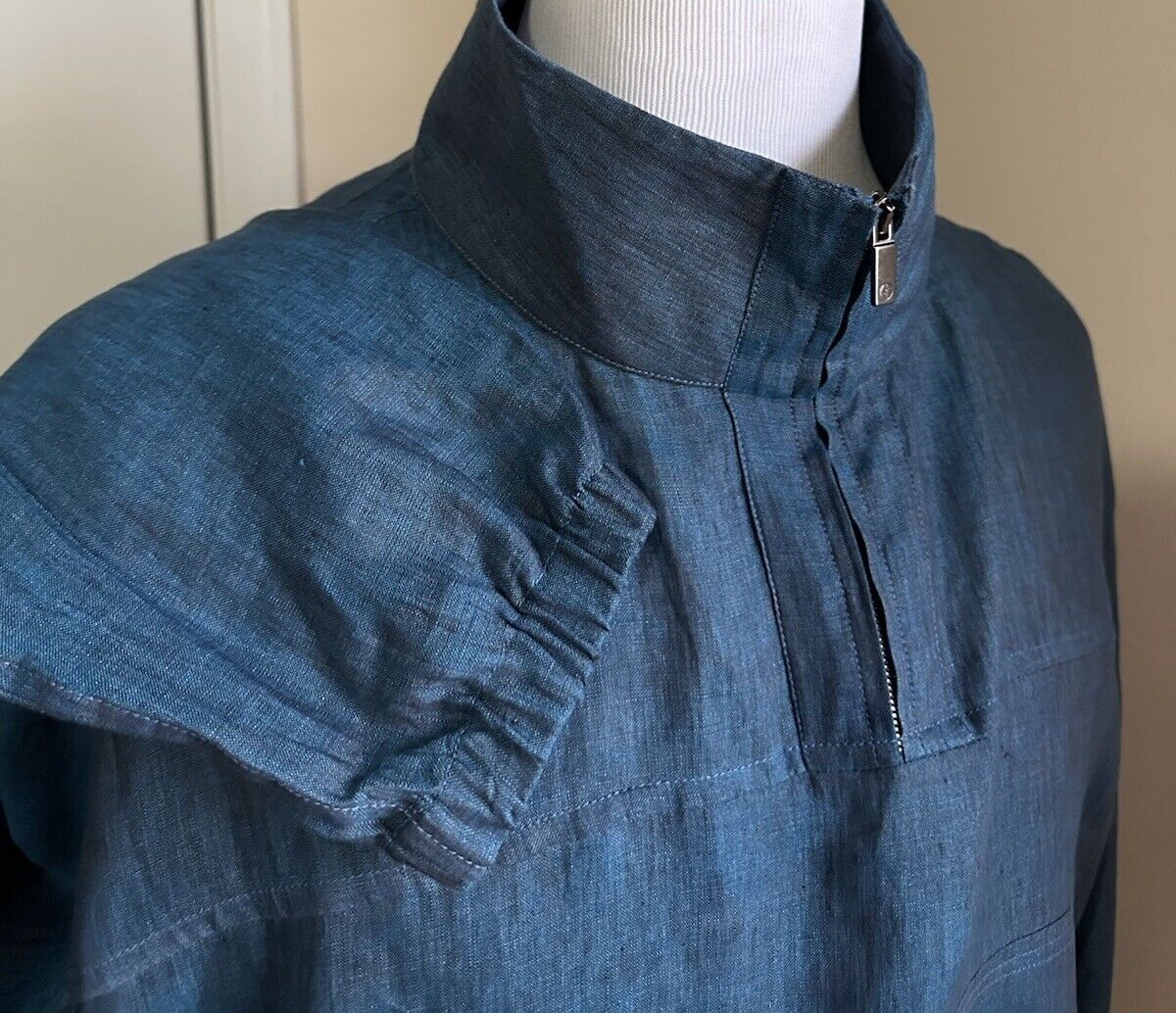 Giorgio Armani Men Zip Neck Linen Shirt Blue Size L Italy NWT $1695