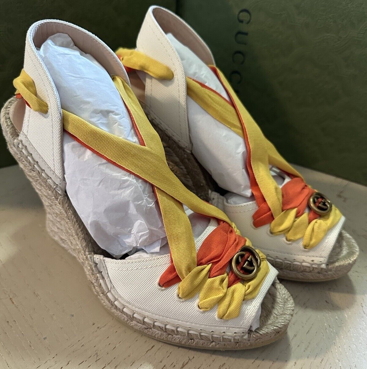 Gucci Women GG Logo Espadrille Sandal Shoes Nat/Off White 10 US/40 Eu 739167